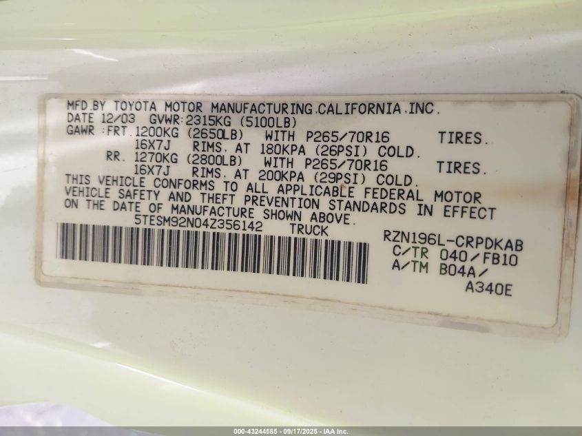 2004 Toyota Tacoma Prerunner VIN: 5TESM92N04Z356142 Lot: 43244585