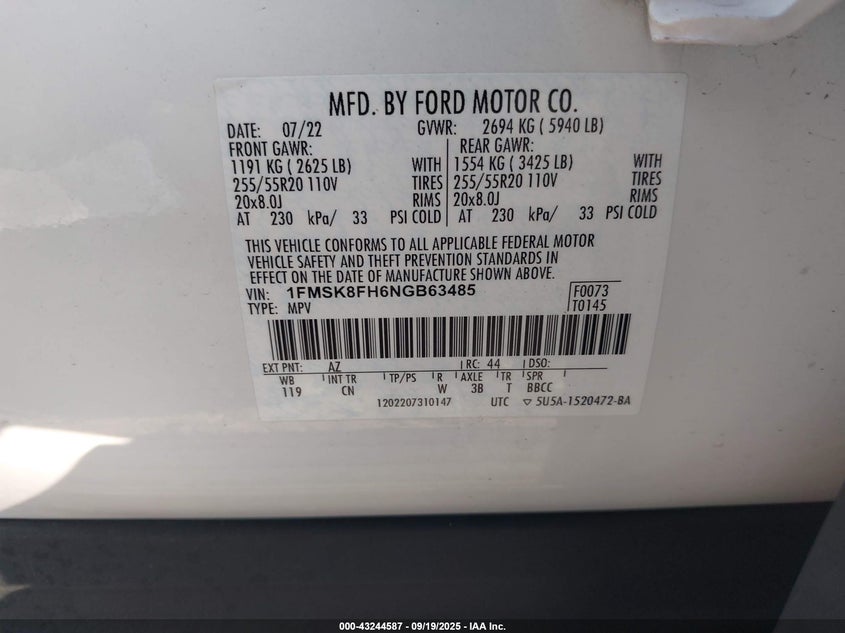 2022 Ford Explorer 2.3 Limited Other Lot 111043244587 Vin 1FMSK8FH6NGB63485