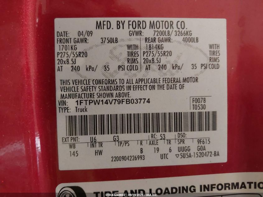 2009 Ford F-150 Fx4/King Ranch/Lariat/Platinum/Xl/Xlt VIN: 1FTPW14V79FB03774 Lot: 43244603