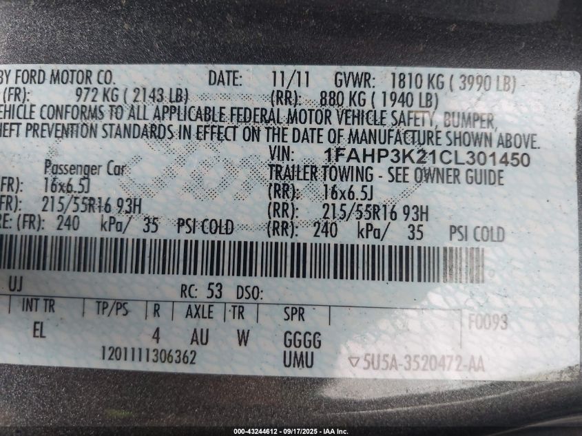 2012 Ford Focus Se VIN: 1FAHP3K21CL301450 Lot: 43244612