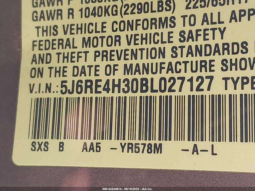 2011 Honda Cr-V Lx VIN: 5J6RE4H30BL027127 Lot: 43244614