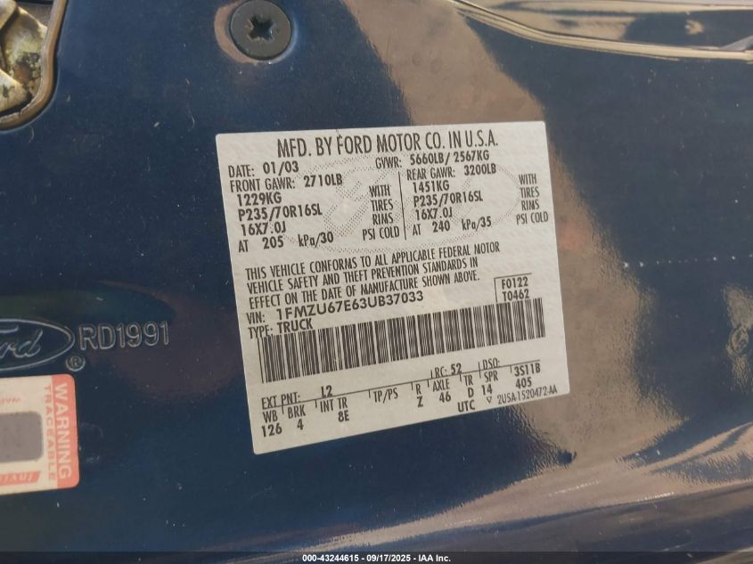 2003 Ford Explorer Sport Trac Xls/Xlt VIN: 1FMZU67E63UB37033 Lot: 43244615