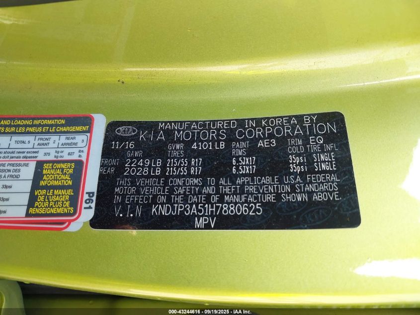 2017 Kia Soul + VIN: KNDJP3A51H7880625 Lot: 43244616