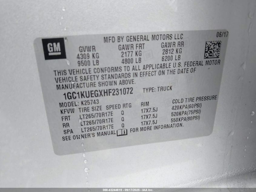 2017 Chevrolet Silverado 2500Hd Wt VIN: 1GC1KUEGXHF231072 Lot: 43244619