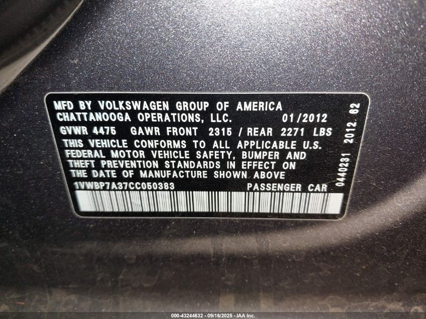 2012 Volkswagen Passat 2.5L Se VIN: 1VWBP7A37CC050383 Lot: 43244632