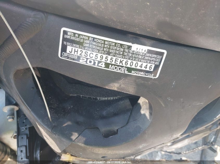 2014 Honda Cbr1000 Rr VIN: JH2SC5955EK600446 Lot: 43244637