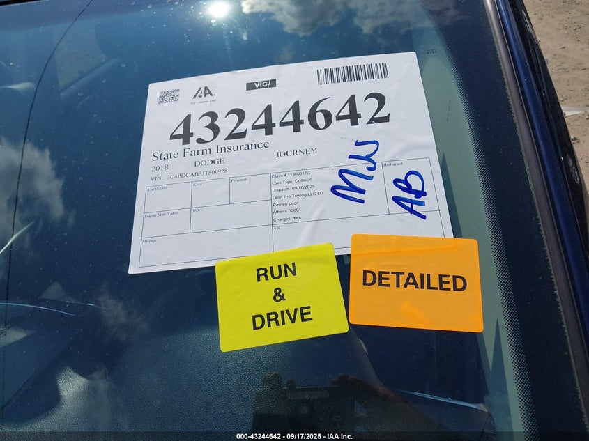 2018 Dodge Journey Se VIN: 3C4PDCAB3JT509928 Lot: 43244642