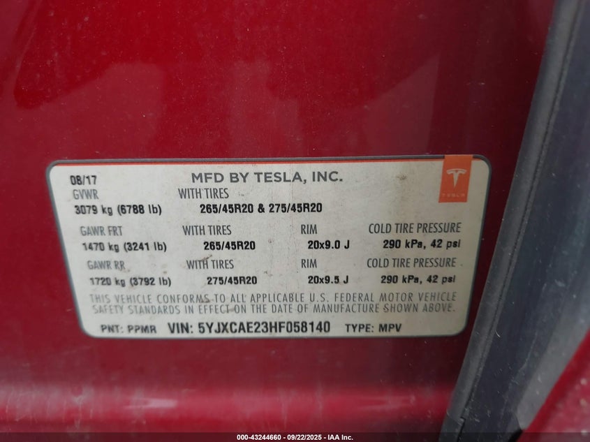 2017 Tesla Model x 100d 75d 90d Red Lot 111043244660 Vin 5YJXCAE23HF058140