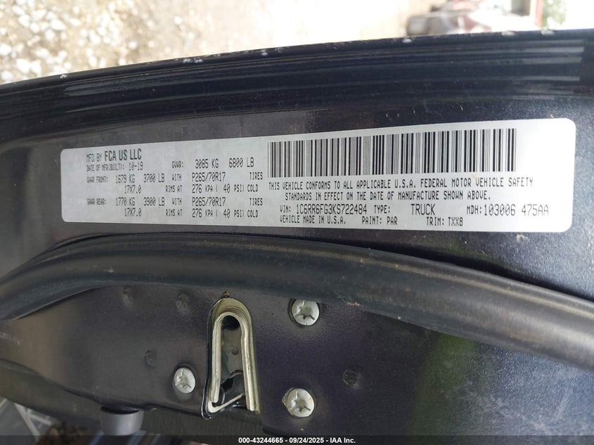 2019 Ram 1500 Classic Tradesman 4X2 6'4 Box VIN: 1C6RR6FG3KS722484 Lot: 43244665