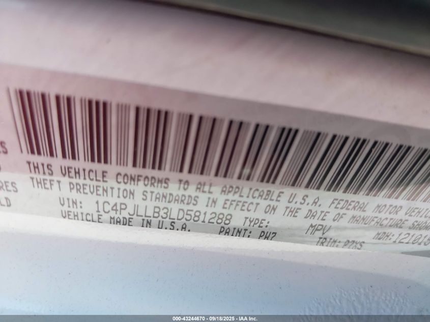 2020 Jeep Cherokee Latitude Plus Fwd VIN: 1C4PJLLB3LD581288 Lot: 43244670