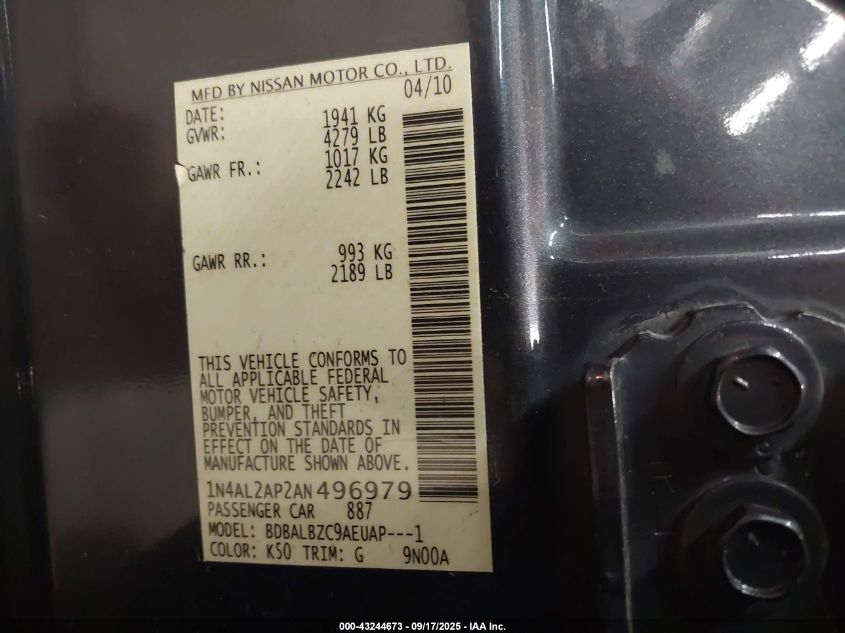 2010 Nissan Altima 2.5 S VIN: 1N4AL2AP2AN496979 Lot: 43244673