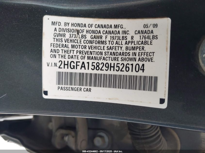 2009 Honda Civic Ex VIN: 2HGFA15829H526104 Lot: 43244682