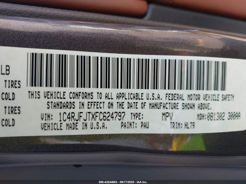 2015 Jeep Grand Cherokee Summit VIN: 1C4RJFJTXFC624797 Lot: 43244683