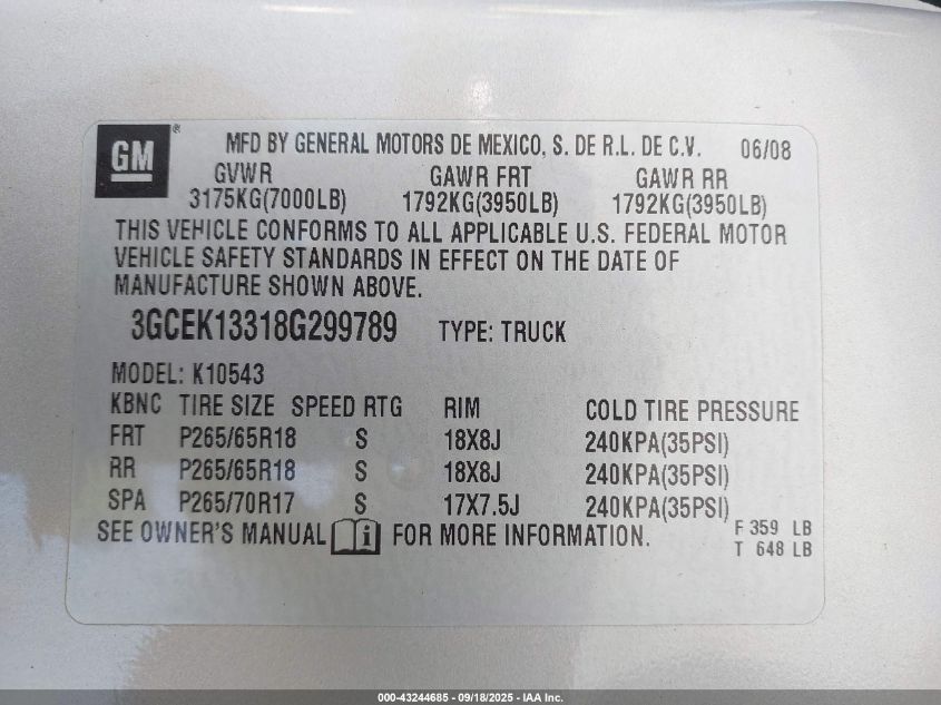 2008 Chevrolet Silverado 1500 Lt1 VIN: 3GCEK13318G299789 Lot: 43244685