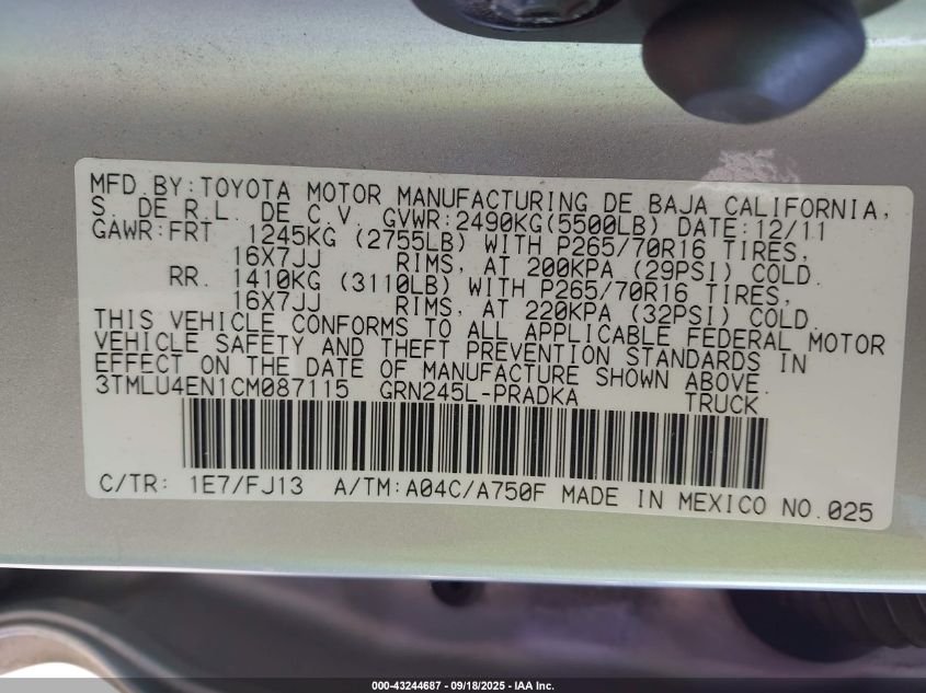 2012 Toyota Tacoma Base V6 VIN: 3TMLU4EN1CM087115 Lot: 43244687