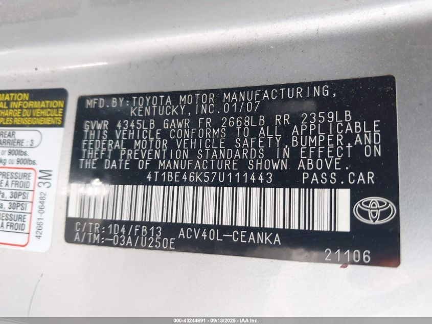 2007 Toyota Camry Le VIN: 4T1BE46K57U111443 Lot: 43244691