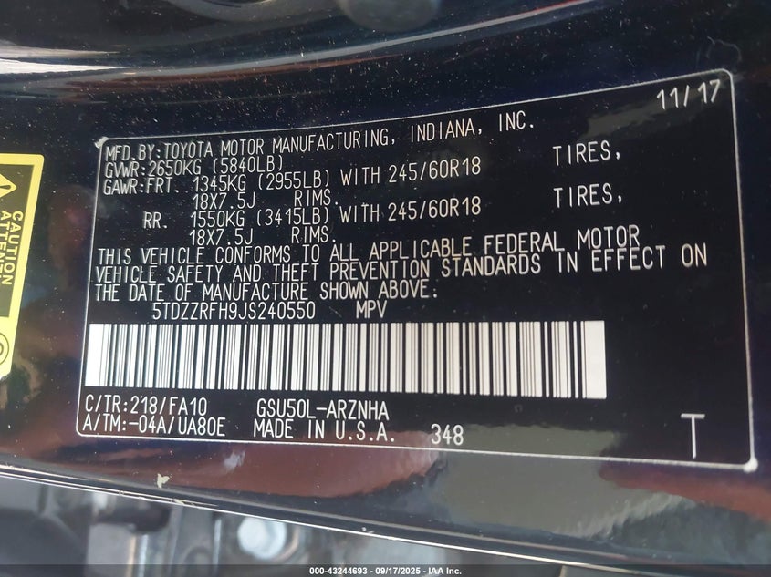 2018 TOYOTA HIGHLANDER LE PLUS - 5TDZZRFH9JS240550