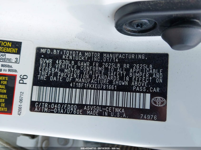 2014 Toyota Camry Le VIN: 4T1BF1FKXEU781661 Lot: 43244715