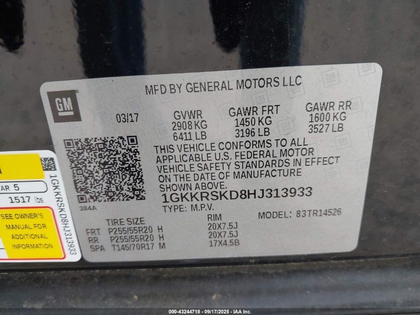 2017 GMC Acadia Limited VIN: 1GKKRSKD8HJ313933 Lot: 43244718