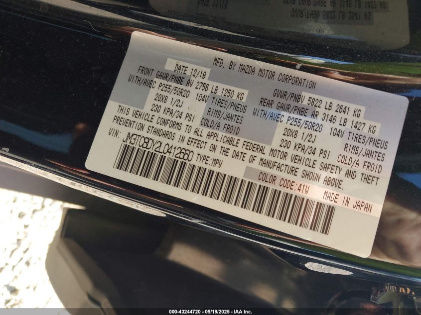2020 Mazda Cx-9 Grand Touring VIN: JM3TCBDY2L0412660 Lot: 43244720