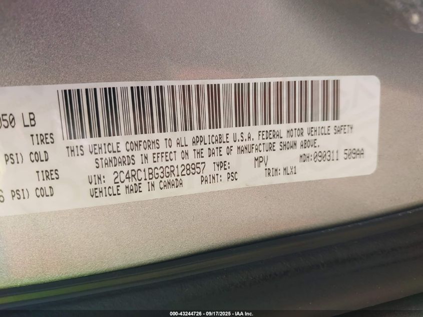 2016 Chrysler Town & Country Touring VIN: 2C4RC1BG3GR128957 Lot: 43244726