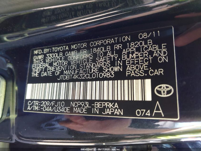 2012 Toyota Yaris VIN: JTDBT4K32CL010983 Lot: 43244732