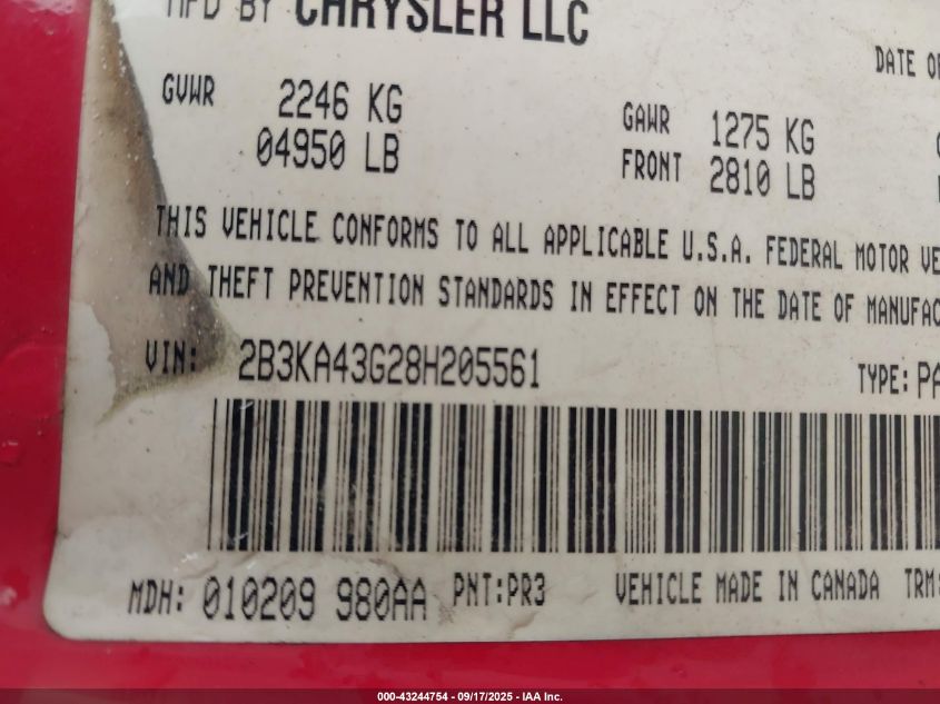 2008 Dodge Charger VIN: 2B3KA43G28H205561 Lot: 43244754