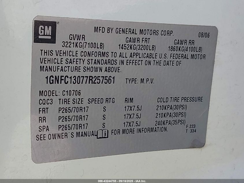 2007 Chevrolet Tahoe Lt VIN: 1GNFC13077R257561 Lot: 43244755