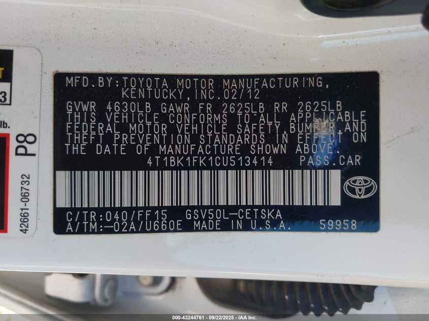 2012 Toyota Camry Se V6 VIN: 4T1BK1FK1CU513414 Lot: 43244761