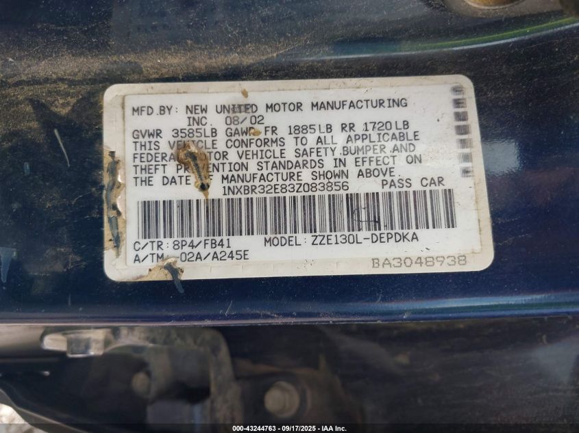 2003 Toyota Corolla Ce VIN: 1NXBR32E83Z083856 Lot: 43244763