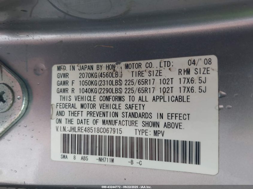 2008 Honda Cr-V Ex VIN: JHLRE48518C067915 Lot: 43244772