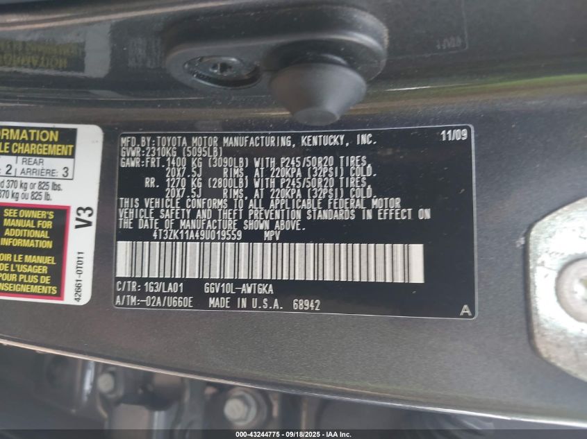 2009 Toyota Venza Base V6 VIN: 4T3ZK11A49U019559 Lot: 43244775