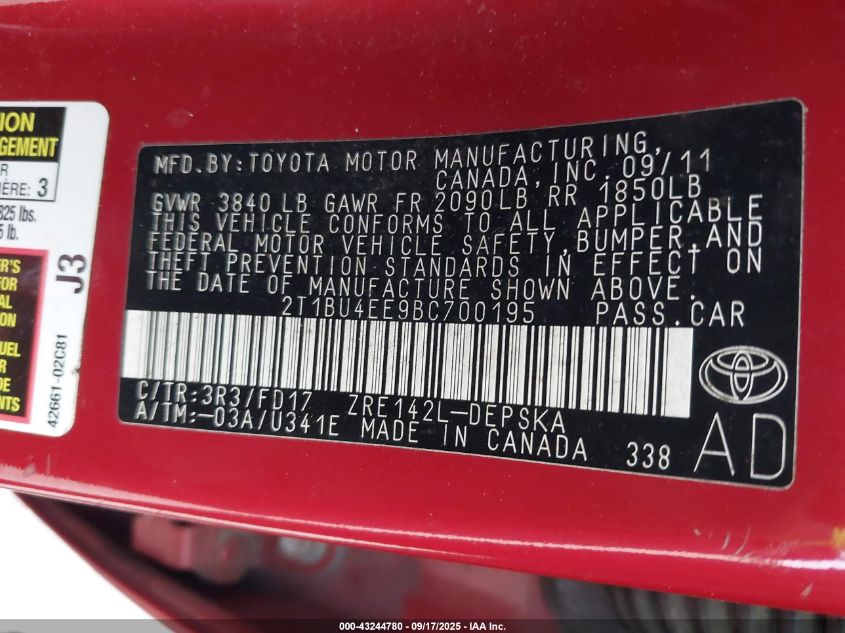 2011 Toyota Corolla S VIN: 2T1BU4EE9BC700195 Lot: 43244780