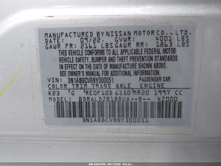 2022 Nissan Sentra Sv Xtronic Cvt VIN: 3N1AB8CV8NY300051 Lot: 43244786