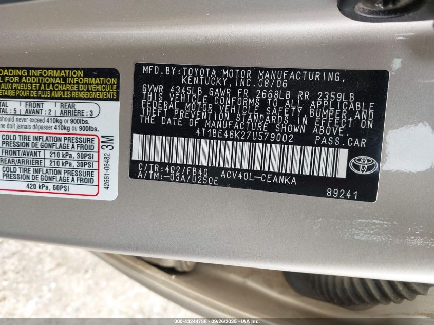 2007 Toyota Camry VIN: 4T1BE46K27U57900 Lot: 43244788