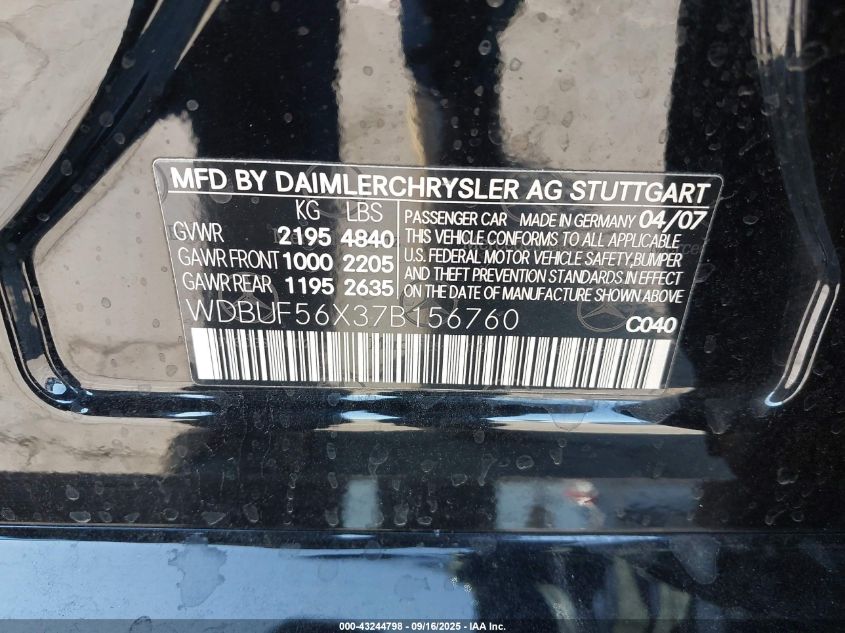 2007 Mercedes-Benz E 350 VIN: WDBUF56X37B156760 Lot: 43244798
