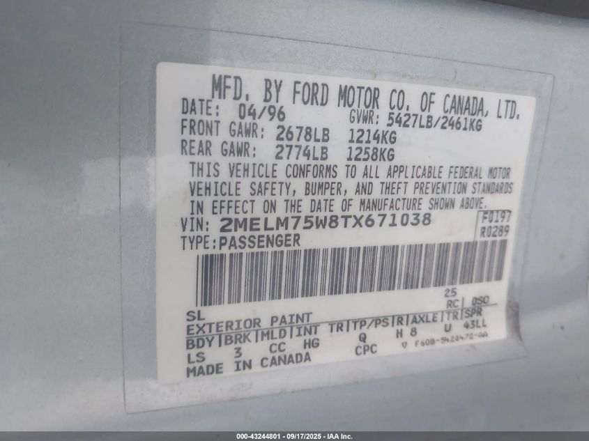 1996 Mercury Grand Marquis Ls/Bayshore VIN: 2MELM75W8TX671038 Lot: 43244801