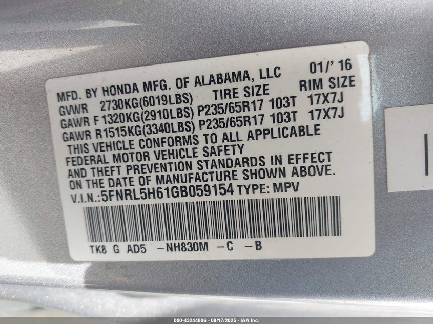 2016 HONDA ODYSSEY EX-L - 5FNRL5H61GB059154