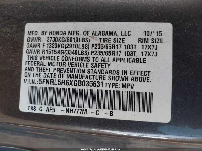 2016 HONDA ODYSSEY EX-L 5FNRL5H6XGB035631