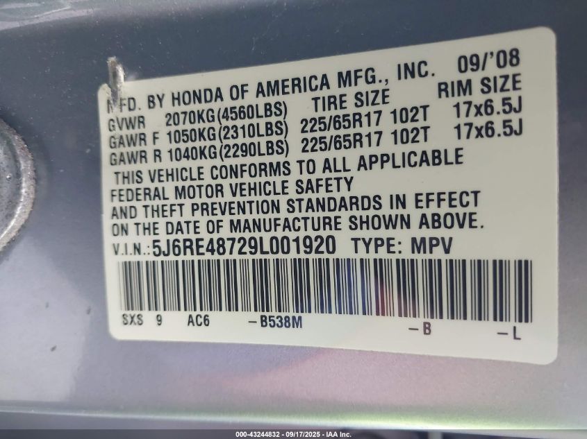 2009 Honda Cr-V Ex-L VIN: 5J6RE48729L001920 Lot: 43244832