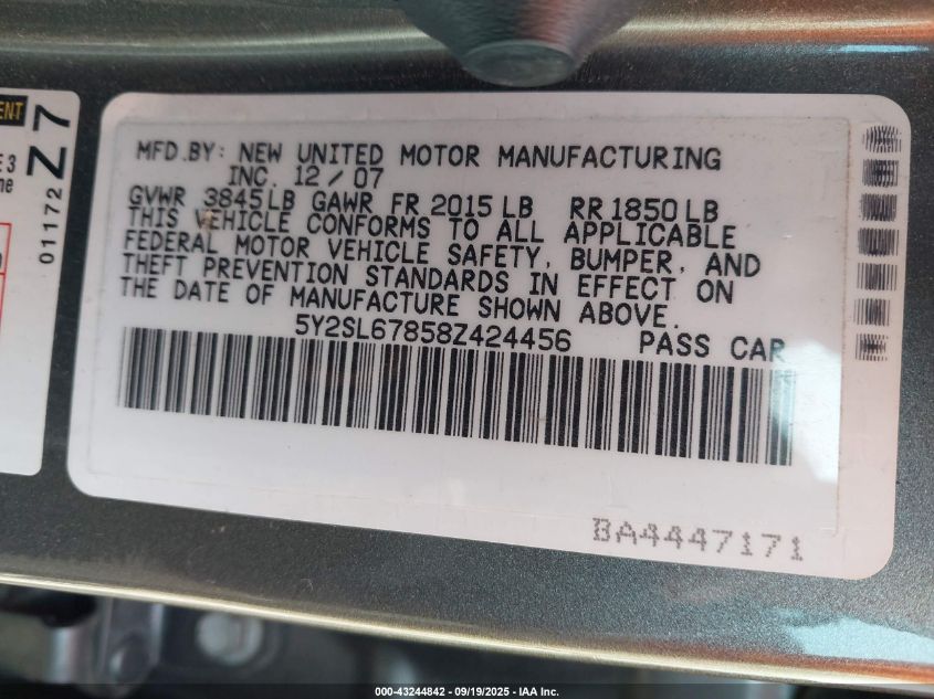 2008 Pontiac Vibe VIN: 5Y2SL67858Z424456 Lot: 43244842