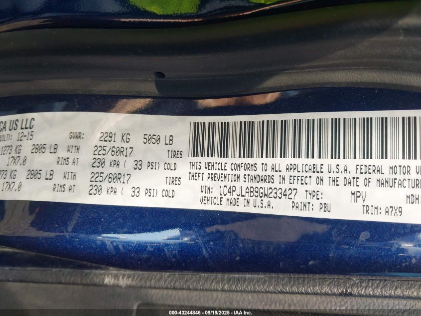 2016 Jeep Cherokee Sport VIN: 1C4PJLAB9GW233427 Lot: 43244846