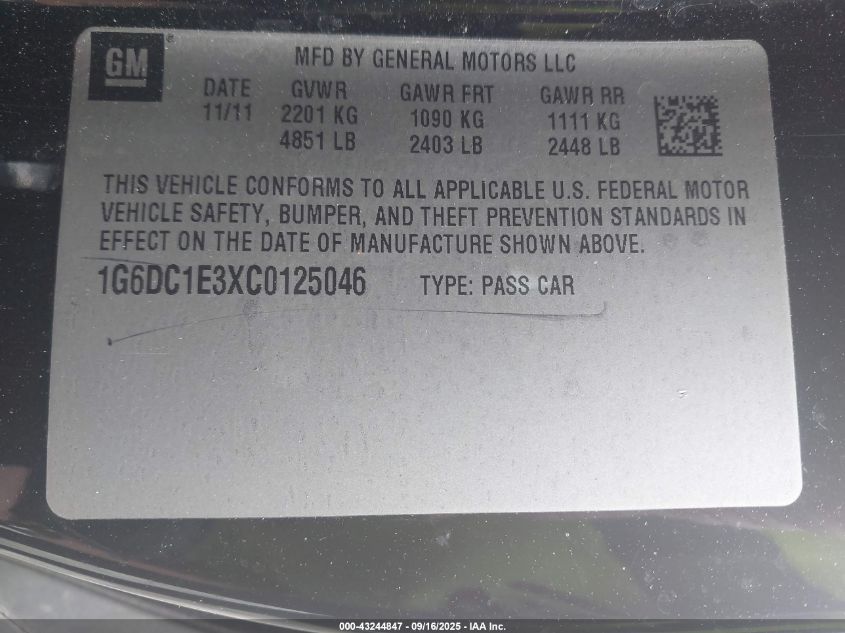 2012 Cadillac Cts Standard VIN: 1G6DC1E3XC0125046 Lot: 43244847
