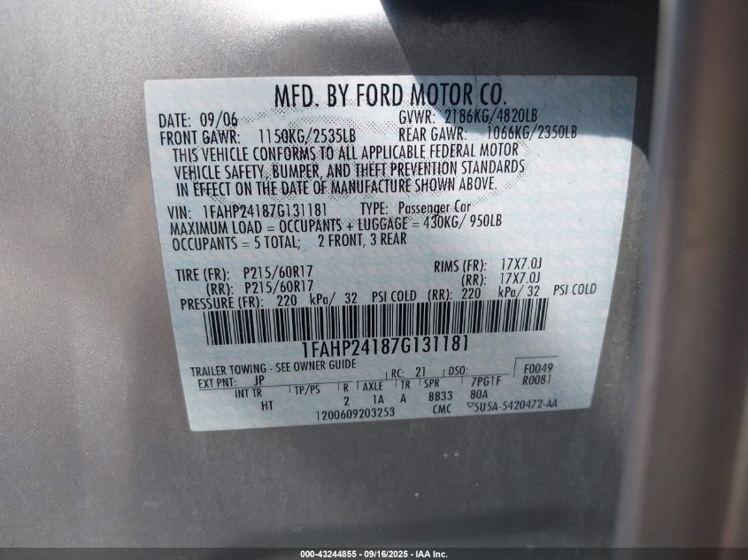 2007 Ford Five Hundred Sel VIN: 1FAHP24187G131181 Lot: 43244855