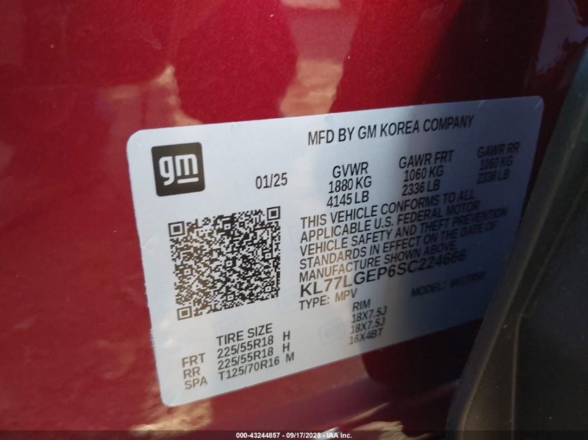 2025 Chevrolet Trax Fwd 1Rs VIN: KL77LGEP6SC224666 Lot: 43244857