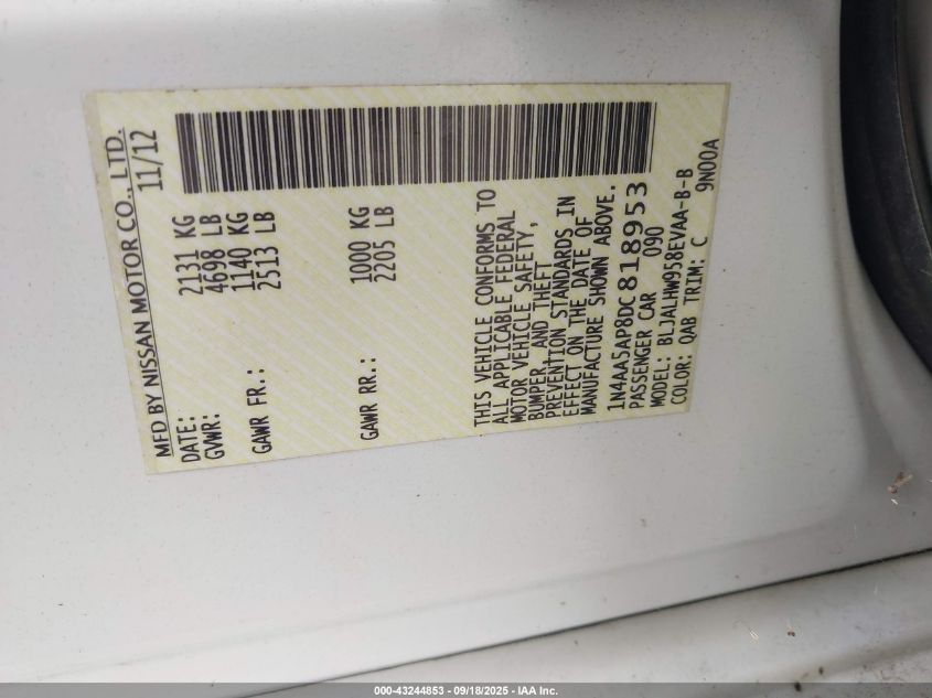 2013 Nissan Maxima 3.5 Sv VIN: 1N4AA5AP8DC818953 Lot: 43244853