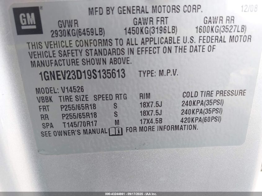 2009 Chevrolet Traverse Lt VIN: 1GNEV23D19S135613 Lot: 43244861