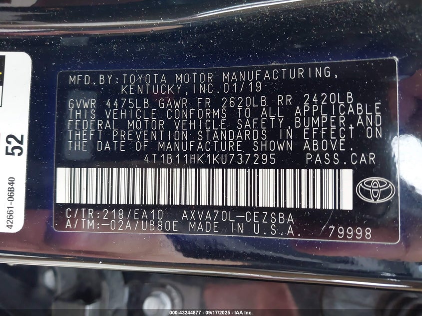 2019 TOYOTA CAMRY SE - 4T1B11HK1KU737295