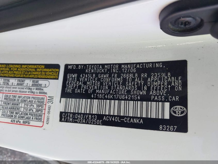 2007 Toyota Camry Le VIN: 4T1BE46K17U642154 Lot: 43244879