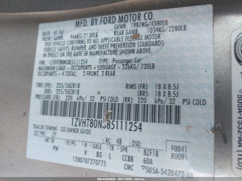 2008 Ford Mustang V6 Deluxe/V6 Premium VIN: 1ZVHT80N385111254 Lot: 43244920